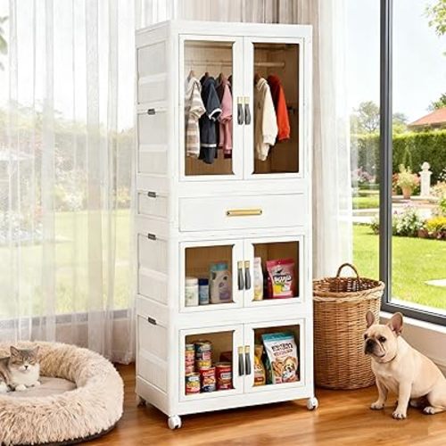 YHB Portable Storage Closet Cabinet, Easy Assembly Wardrobe Organizer with Visualization Doors, Drawers, Hanging Rods, Rolling Wheels for Pet Dog Clothes, Toys