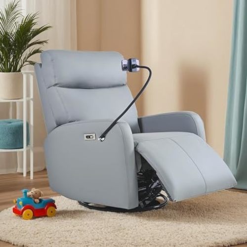 Power Swivel Recliner Chair,Nursery Reclining Sofa Chair with Lumbar Support,Upholstered Faux Leather Electric Glider Recliner for Adults,USB Ports,Removable Phone Holder, Blue Gray