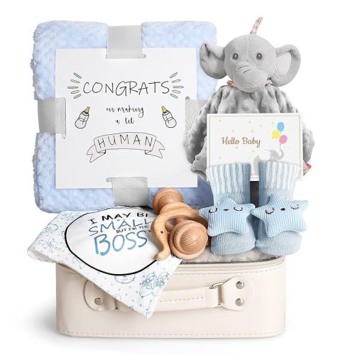 Baby Shower Gifts, Baby Boy Gift Basket Set Newborn Blanket Elephant Lovey Baby Security Blanket Wooden Rattle Toy, Funny Bibs Socks & Greeting Card, New Boys Baby Gift Essentials