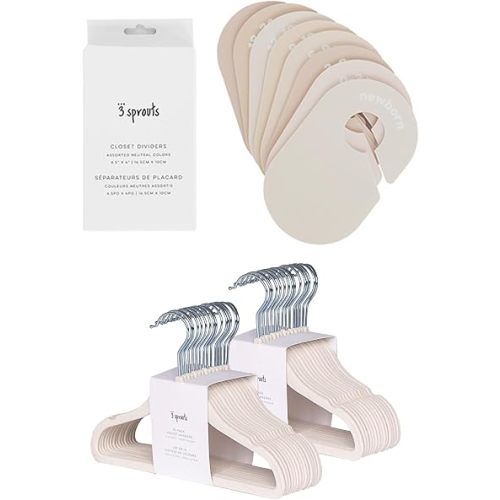 3 Sprouts Closet Dividers & Hangers Bundle - 8 Baby Size Dividers (Neutrals) and 30 Velvet Hangers for Baby Clothes (Cream)