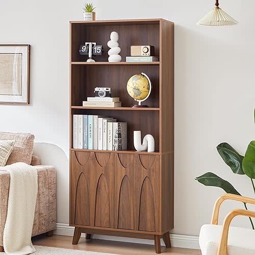 Bifins 71" Tall Bookshelf and Bookcase, 5-Tier Bookcase with Storage Cabinet and Adjustable Storage Shelf, Mid Century Modern Freestanding Display Bookshelf for Living Room,Home Office (Walnut)
