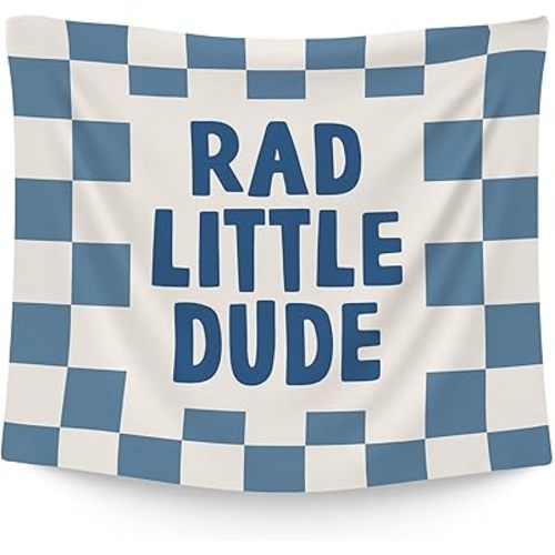 WAITPI Rad little dude Hanging Wall Tapestry for Boys Kids Bedroom, Blue Checkered Wall Hanging Room Decor Tapestries for Toddler Boys Kids Room Dorm Playroom Nursery Classroom 50x60 in