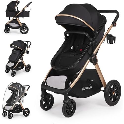6-in-1 Convertible Baby Stroller with Bassinet Mode - Toddler Stroller w/Footmuff, Rain Cover, Cup Holder & Large Storage, Newborn Stroller w/All-Scene Large Wheels, Reversible Seat(Black)