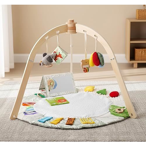 Macabaka Wooden Baby Play Gym & Tummy Time Playmat – Montessori Sensory Activity Mat with 6 Developmental Toys for Fine Motor Skills – for Newborns to Toddlers (0–12M+)