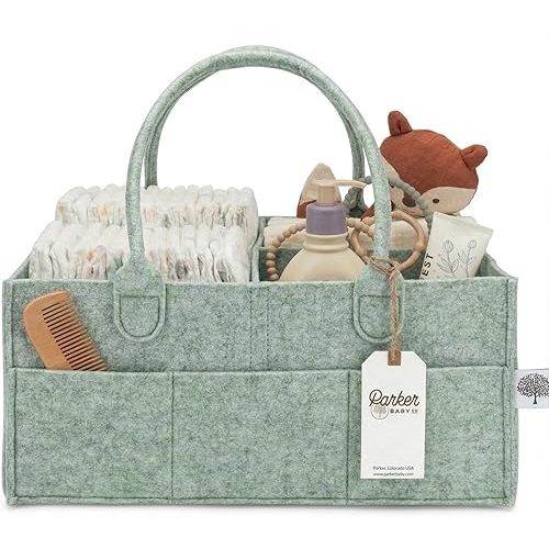 Parker Baby Diaper Caddy - Nursery Storage Bin and Car Organizer for Diapers and Baby Wipes - Sage Green, Large