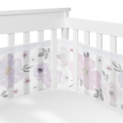 Sweet Jojo Designs + BreathableBaby Lavender Purple Boho Floral Girl Breathable Mesh Crib Liner Baby Infant Grey Bohemian Farmhouse Shabby Chic Rose Lily Watercolor Flower Elegant Gray
