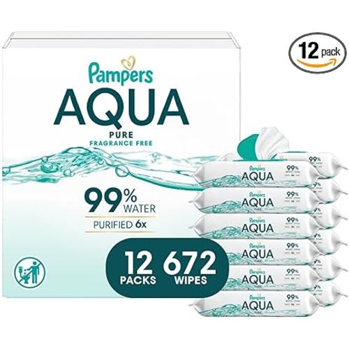 Pampers Baby Wipes Aqua Pure, 99% water-based wipes, Hypoallergenic and Unscented Baby Wipes, 672 Wipes Total (12 Flip-Top Packs)