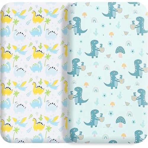 Bassinet Bed Sheet Set 2 Pcs Fits Rectangle Oval Halo Hourglass Mattress Stretchy Bassinet Bed Sheet Soft and Comfy (Dinodo)