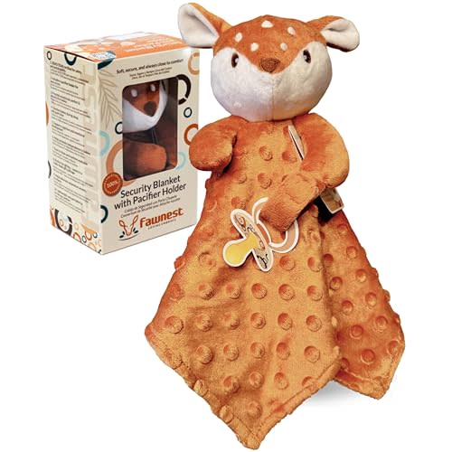 FAWNEST Baby Lovey Security Blanket Newborn - Plush Stuffed Animal with Pacifier Holder, Gender Neutral Baby Gift, Cozy Blanket for Boy & Girl (Fawn Minky Dot)