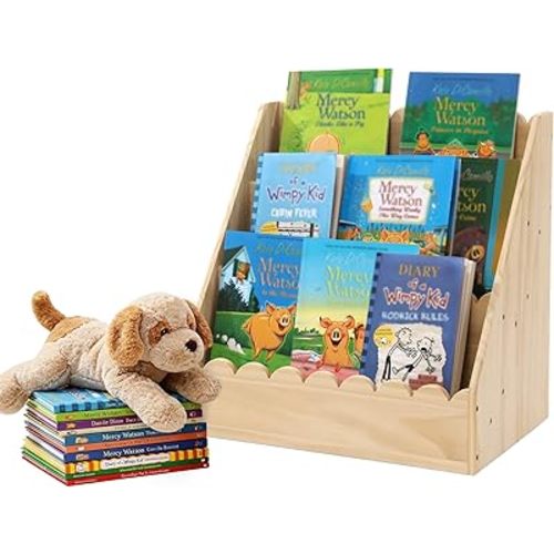Scalloped Book Shelf for Kids, 3-Tier Wooden Bookshelf Perfect Height for 1-5 Years Toddler, Durable Bookcase Book Organizer for Nursery Room(Wooden,23.6 * 16.5 * 10.6in)