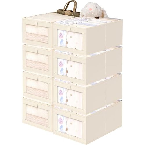 Criusia Linen Closet Organizers and Storage, 8 Pack Large Linen Closet Baskets with Mesh Window for Organization, Foldable Closet Organizer for Clothing, Towels, Toys, Nursery, Books, Shelves, Beige