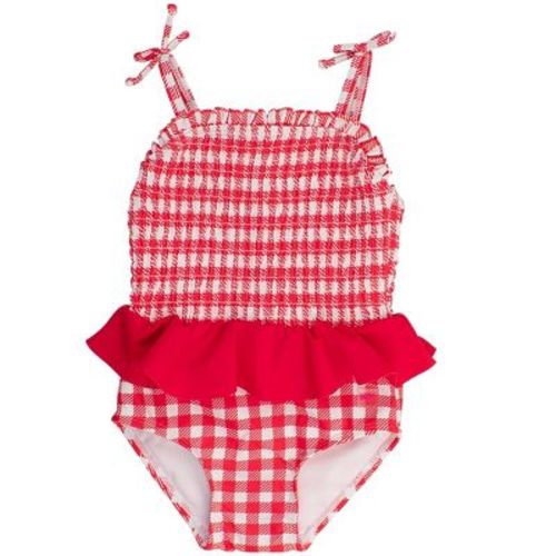 Rufflebutts Baby Girls Upf50+ Peplum Smocked Bodice One Piece - Coral Floral, 3-6m