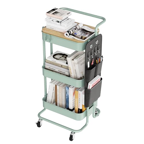 DTK 3 Tier Metal Utility Rolling Cart with Table Top and Side Bags, Metal Tray Storage Organizer Cart with Wheels, Art Craft Cart with 4 Hooks for Kitchen Bathroom Office Living Room (Green)
