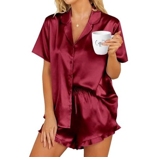 HOTOUCH Womens Satin Pajamas Set Button Down 2 Piece Silk Pjs Shorts Set Ruffle Lingerie Notch Collar Sleepwear