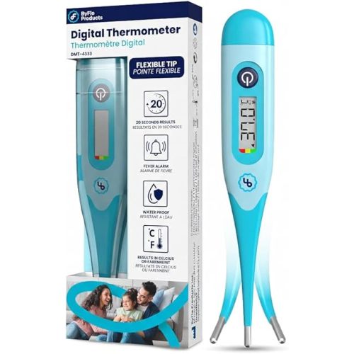 ByFloProducts Thermomètre numérique à embout flexible – Thermomètre pour bébé confortable et sûr, lectures rapides et précises en 10 s – Thermomètre oral, rectal et sous l'aisselle avec Celsius