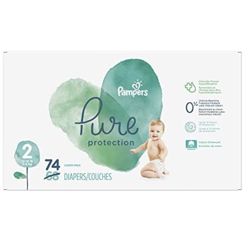 Diapers Size 2, 74 Count - Pampers Pure Protection Disposable Baby Diapers, Hypoallergenic and Unscented Protection, Super Pack
