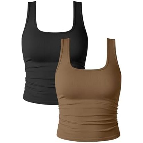 OQQ Womens 2 Piece Shirts Ruched Sleeveless Square Neck Seamless Stretch Fit Basic Tee Tops