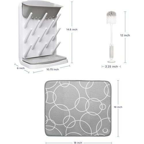 Ubbi Vertical Bottle Drying Rack, Bottle Brush & Microfiber Drying Mat Bundle, Newborn Baby Essentials, Baby Registry Must Haves, New Parent Gifts, Gray