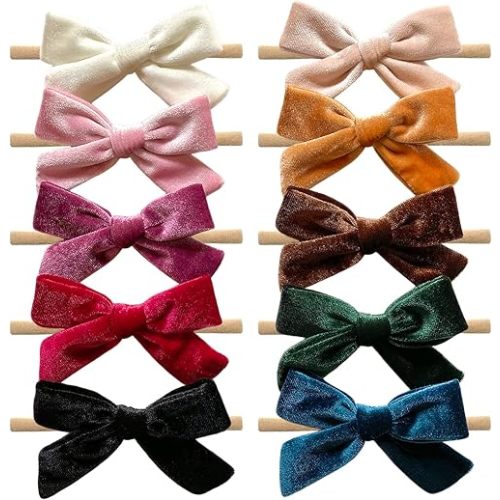 Cherssy Baby Girl 4" Velvet Hair Bows and Headbands, 10pcs Nylon Hairbands Elastic Hair Accessories for Newborn, Infant, Toddlers