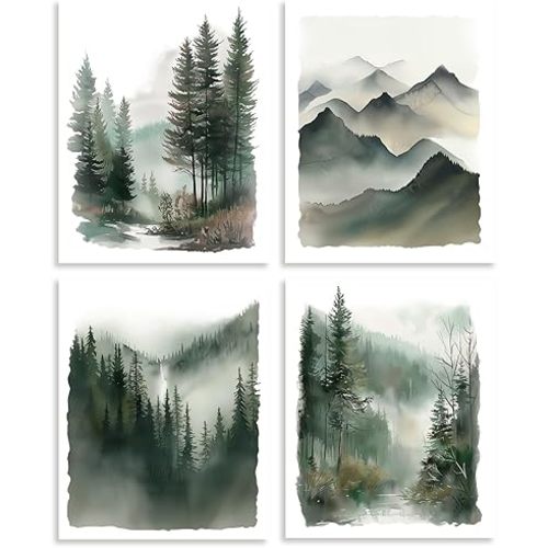 DOODLREAM 4 Pack Mountain Forest Unframed Waterproof Canvas Wall Relaxing Art Decor, 8" x 10" Watercolor Natural Landscape Canvas Wall Poster for Home Office Bathrooms Bedrooms Living Room Decor