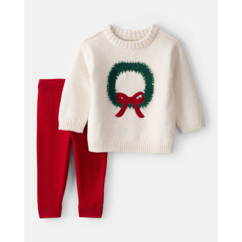 Baby Girl 2-Piece Wreath Long-Sleeve Sweater & Pant Set - White/Red | Carter's
