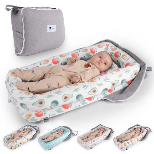 Joyful Journeys Portable Baby Lounger & Diaper Bag with 100% Perle Cotton, Utility Side Pockets, Green Avocado