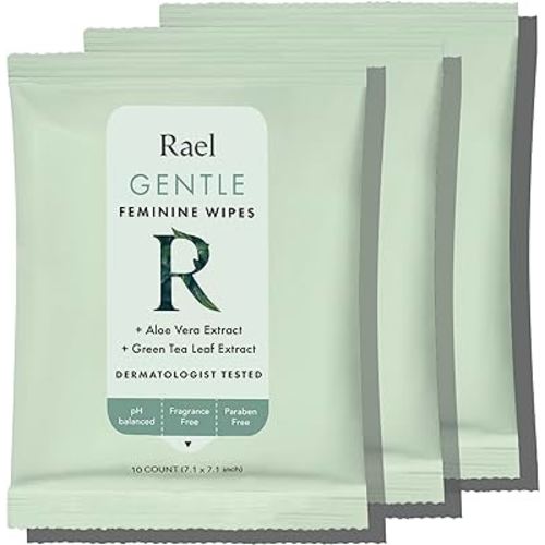 Rael Feminine Wipes, Flushable, Travel Size, All Skin Types, Daily Use (10 Count, Pack of 3)
