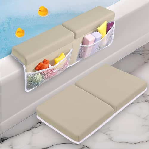Toodly Baby Bath Kneeler and Elbow Rest Pad Set - Baby Bath Support for Knees and Elbows - Bath Kneeler Pad with Memory Foam and Bath Toys Organizer - Ideal Bath Kneeling Pad for Bathing Baby - Beige