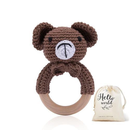 WOODEN TEETHER Crochet Baby Rattle, Crochet Baby Toys, Organic Wooden Newborn Toys, Newborn Animal Rattle Toys,Knitted Stuffed Animals Gifts for Baby, Brown Bear