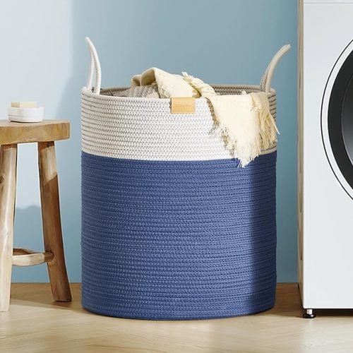 80L Laundry Hamper Basket,Baby Nursery Woven Storage Basket for Toys Bin,Pillows,Blankets,Clothes,Navy Blue