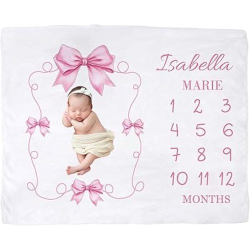 Custom Pink Bow Baby Milestone Blanket for Girls – Personalized Name Monthly Growth Tracker, Soft Newborn Nursery Blanket & Shower Gift for Baby