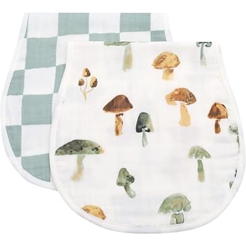 LifeTree Muslin Baby Burp Cloths - 2 Pack 70% Viscose from Bamboo and 30% Cotton Large 22'' by 10'' Absorbent Milk Spit Up Rags - Burping Cloths for Newborn, Girls Boys, Mushroom and Green Checkered