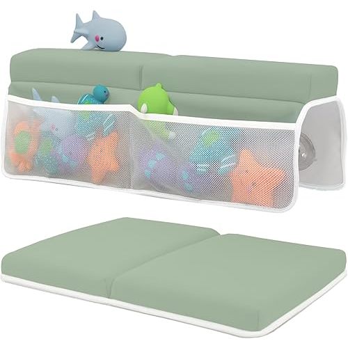 Baby Bath Kneeler and Elbow Rest Pad Set - Baby Bath Support for Knees and Elbows - Bath Kneeler Pad with Memory Foam and Bath Toys Organizer - Ideal Bath Kneeling Pad for Bathing Baby - Green
