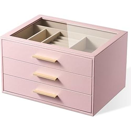 pickpiff Jewelry Box Organizer Case for Women: 3-Layer Jewelry Storage Case with Glass Window, Pink Leather with Velvet Holder for Ring Necklace Bracelet Brooch Watch, Great Gift for Her
