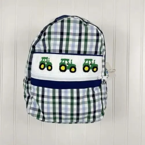 Small Tractor Backpack- Hand Smocked Tractors with plaid fabric - Two Little Fish