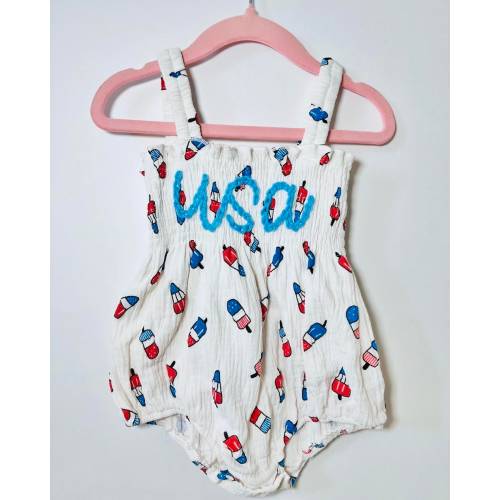 hand embroidered 4th of July toddler girls romper Independence Day outfit July fourth USA popsicle red white and blue romper