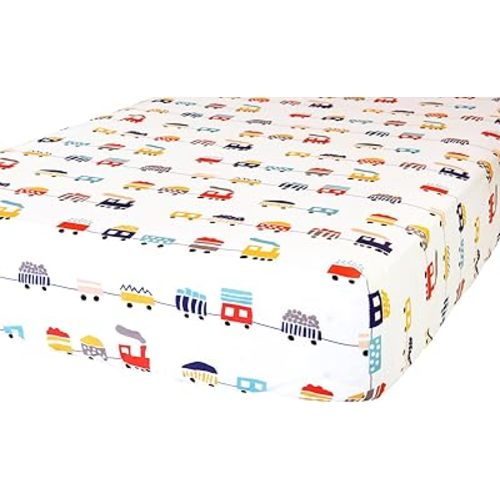 100% Cotton Fitted Crib Sheet - Premium Baby Bedding - Soft, Breathable & Durable - Trains Print
