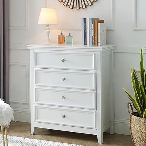 White Dresser for Bedroom, 4 Chest of Drawers, Wooden Dressers Tall Nightstand with Drawer, Farmhouse Cabinet for Bedroom, Living Room,Hallway