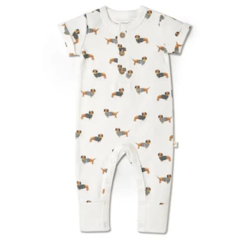 Organic Short Sleeve Button Romper - Dog by Makemake Organics