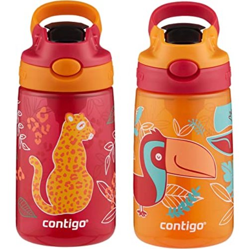 Contigo Aubrey Kids Water Bottle with Silicone Straw and Spill-Proof Lid, 14 oz, 2 Pack, Cheetahs & Toucans