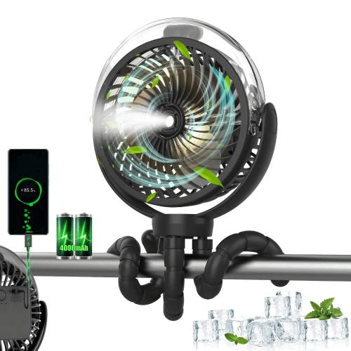 Portable Baby Stroller Fan, Small Car Seat Fan With Mister, 4000mAh Clip On Fan, 3 Speeds, Rechargeable Battery, Tripod, 3 Brightness LED Light, Kids Handheld Cooling Fan