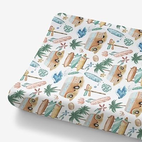 HawSkgFub Hawaii Tropical Beach Surf Changing Pad Cover for Baby Girls, Pink Summer Coconut Tree Diaper Change Table Covers, Soft Stretchy Safe Snug Fitted Changing Mat Sheets Fit 32