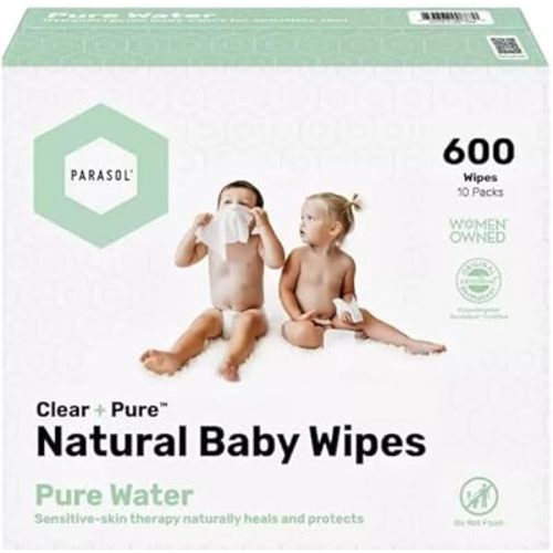 New Parasols Clear+Pure Natural Unscented Baby Wipes, 600 Count, 10 Packs of 60 Wipes