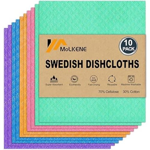 Swedish Dish Cloths - 10 Pack Reusable Kitchen Dishcloths - Ultra Absorbent Dish Towels for Washing Dishes - Cellulose Sponge Cloth Cleaning Rag - Assorted