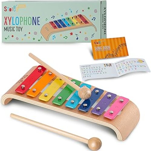 Stoie's Wooden Xylophone for Kids and Toddlers, Curved Design, 8 Notes of Rainbow Color, Tuned C-Key Xylophone with Mallets, Music Songbook, Kids Musical Instrument Educational Montessori Toys