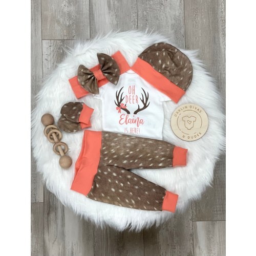 Girls Fawn Deer Coming Home Outfit, Oh Deer Personalized Deer Girls Baby Set, Custom Newborn Hospital, Baby Shower Gift, Antlers Layette