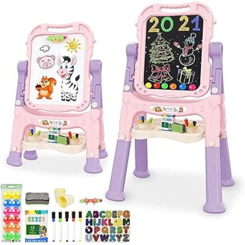Art Easel for Kids, Adjustable Standing Rotatable Double Sided Easel with Painting Accessories for Toddlers Boys and Girls-Pink