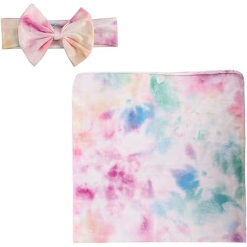 TOYANDONA Infant Swaddle Wrap Tie Dye Receiving Blanket with Bow Headbands Baby Wrap Blanket Stretchy Swaddle Sack Photo Booth Prop for Newborn Infant Baby Unisex