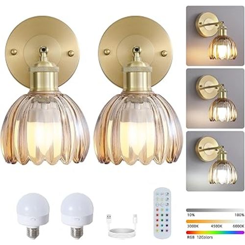 Vintage Battery Operated Wireless Wall Sconces, Rechargeable Gold Wall Lights，Amber Tulip Glass Lampshade With Remote Dimmable Wall Lighting Indoor, Led Wall Lamp Fixtures For Bedroom, Living Room