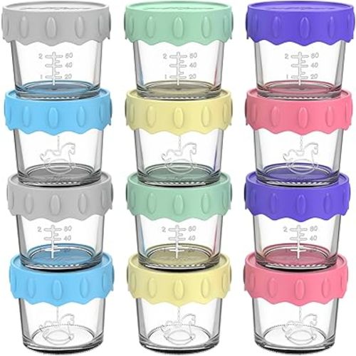 12-Pack Baby Food Storage Containers, 4 Oz Glass Baby Food Jars with Leak-proof Silicone Ring and Lid, Baby Food Containers Freezer Safe for Baby Food Maker, Microwave, Dishwasher